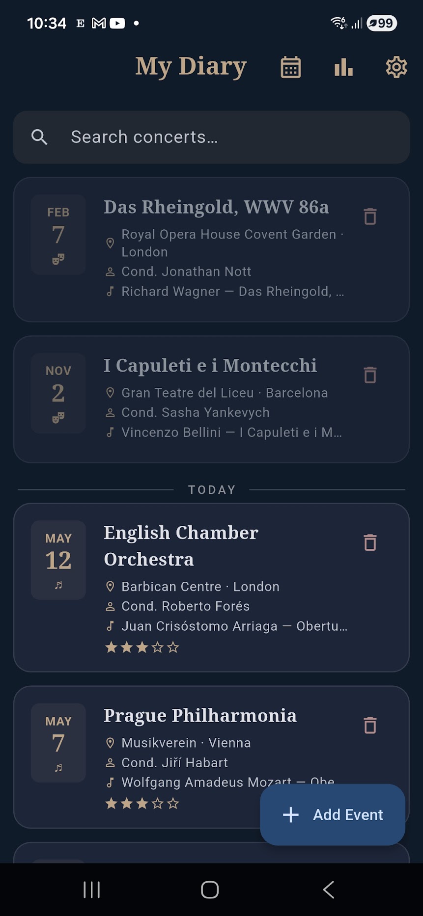 Kalodia concert diary showing a list of attended performances